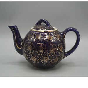 Vintage Hall China Cobalt Blue Gold Floral 2 Cup Teapot Shape 048 USA MCM